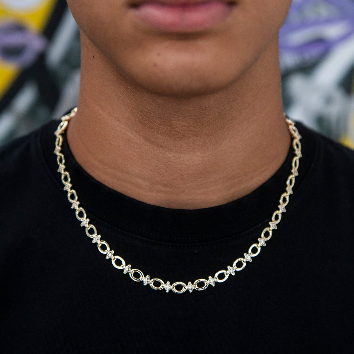 Iced Star Cable Link Chain - Yellow Gold